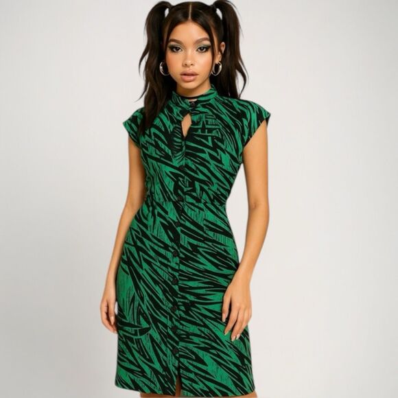 Vintage Milarz Green Black Abstract Midi Dress Size 9 Y2K Keyhole Button Up - Picture 1 of 16